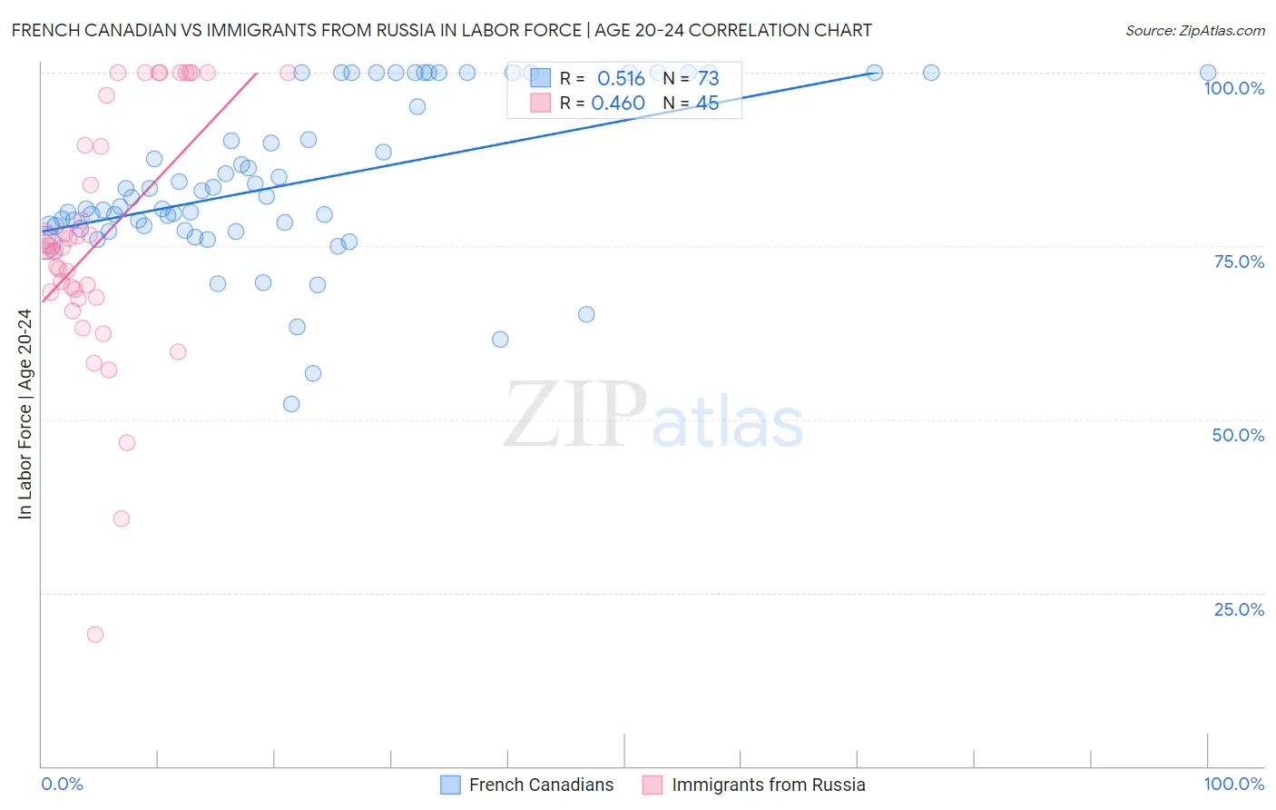 French Canadian vs Immigrants from Russia In Labor Force | Age 20-24