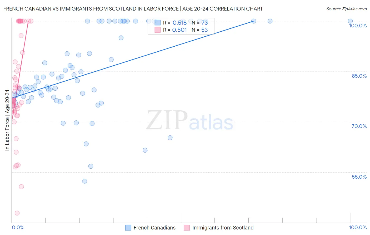 French Canadian vs Immigrants from Scotland In Labor Force | Age 20-24