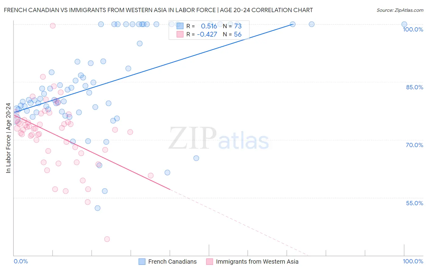 French Canadian vs Immigrants from Western Asia In Labor Force | Age 20-24