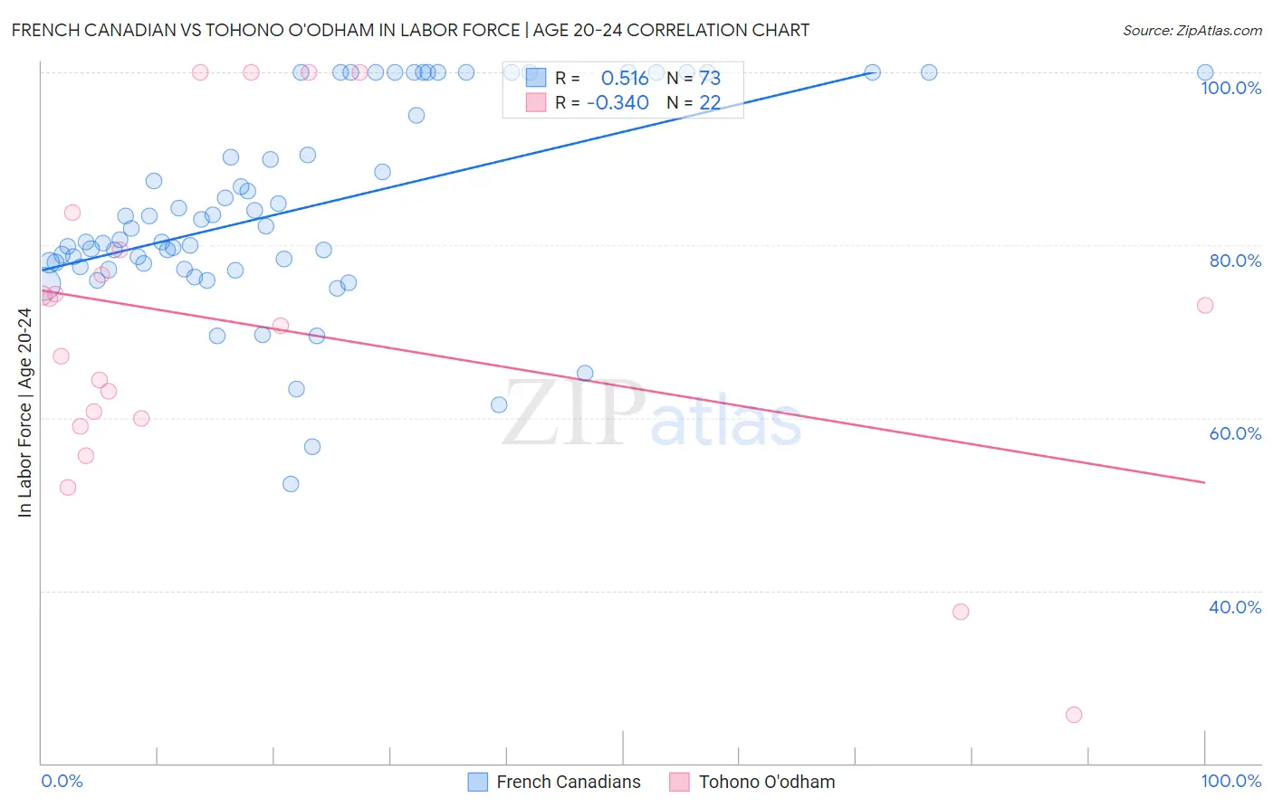 French Canadian vs Tohono O'odham In Labor Force | Age 20-24