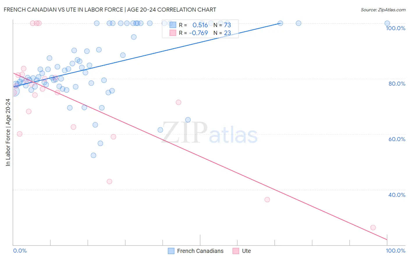 French Canadian vs Ute In Labor Force | Age 20-24