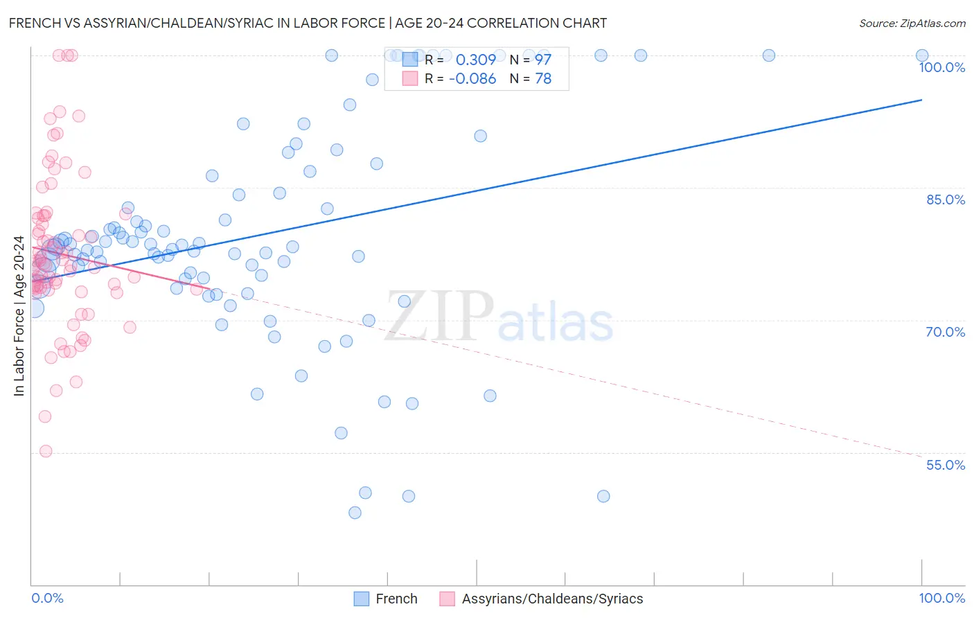 French vs Assyrian/Chaldean/Syriac In Labor Force | Age 20-24