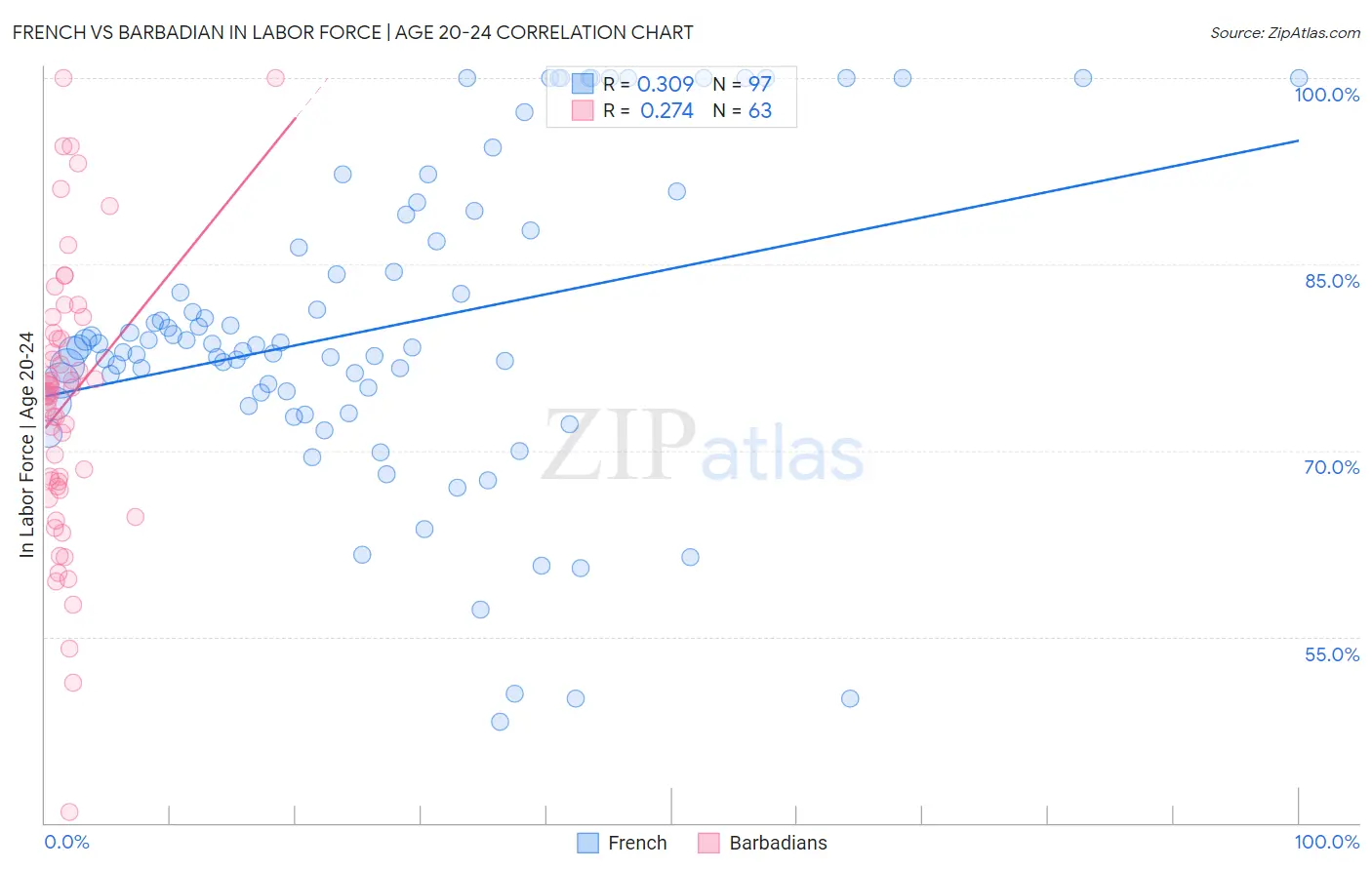 French vs Barbadian In Labor Force | Age 20-24