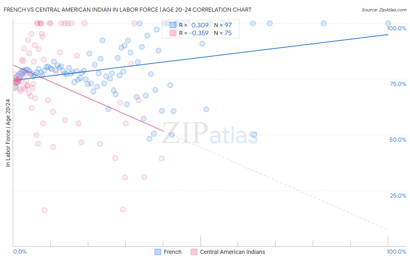 French vs Central American Indian In Labor Force | Age 20-24