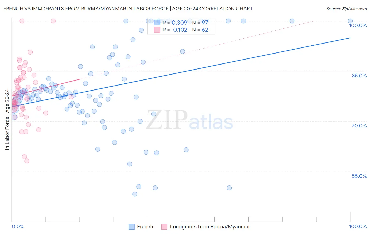 French vs Immigrants from Burma/Myanmar In Labor Force | Age 20-24
