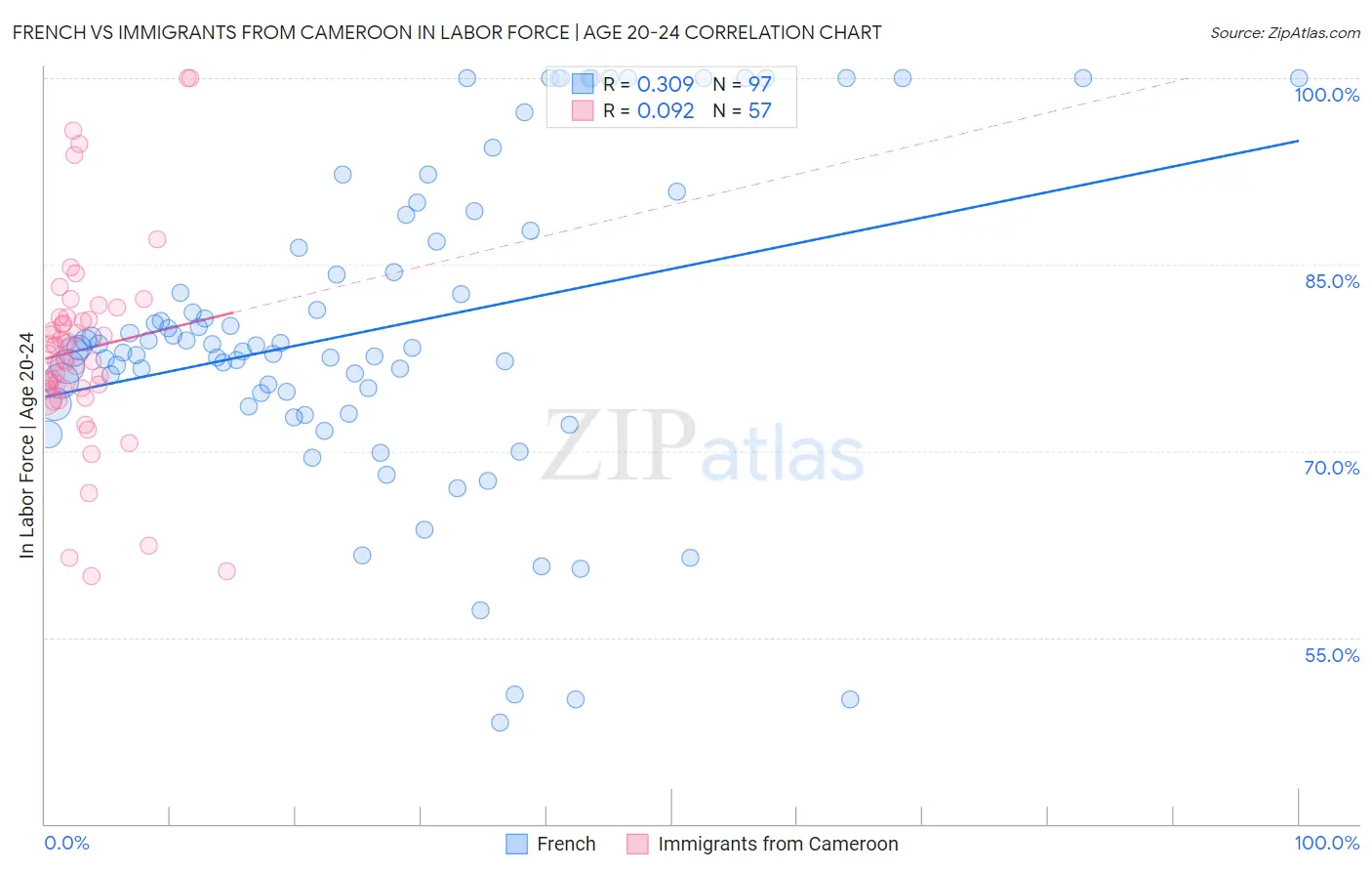 French vs Immigrants from Cameroon In Labor Force | Age 20-24