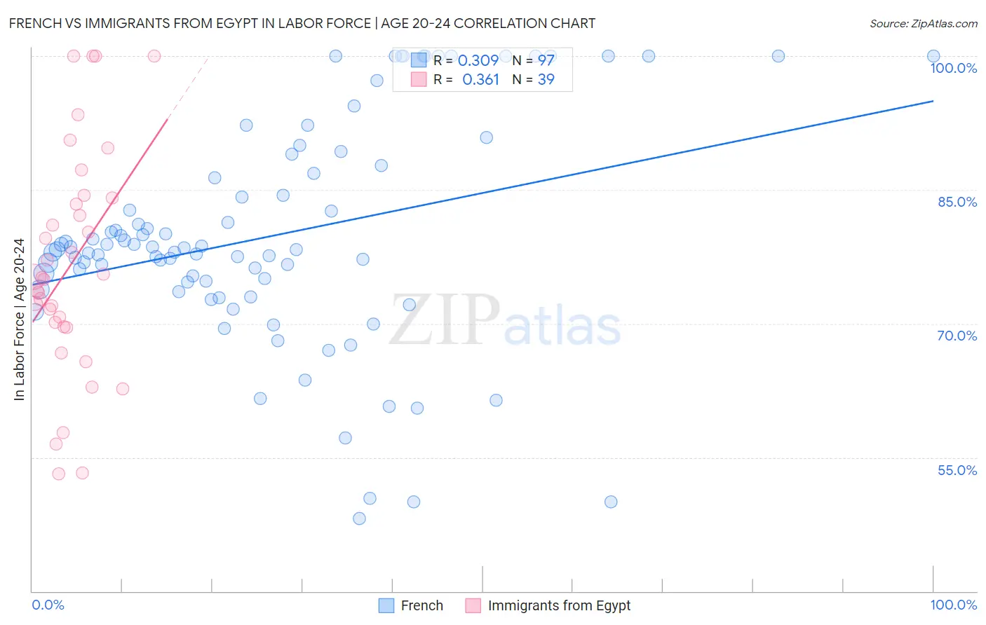 French vs Immigrants from Egypt In Labor Force | Age 20-24