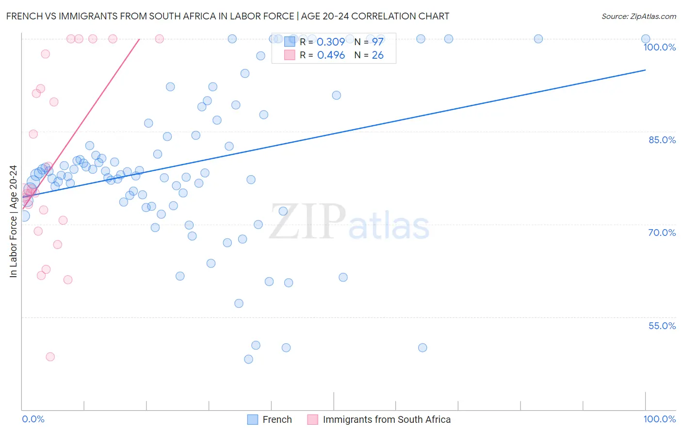 French vs Immigrants from South Africa In Labor Force | Age 20-24