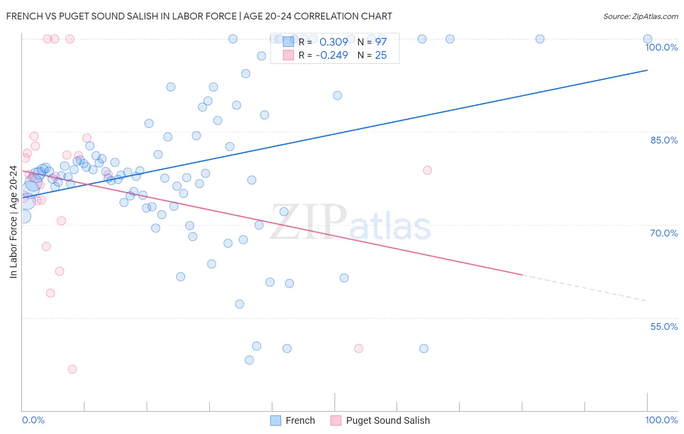 French vs Puget Sound Salish In Labor Force | Age 20-24