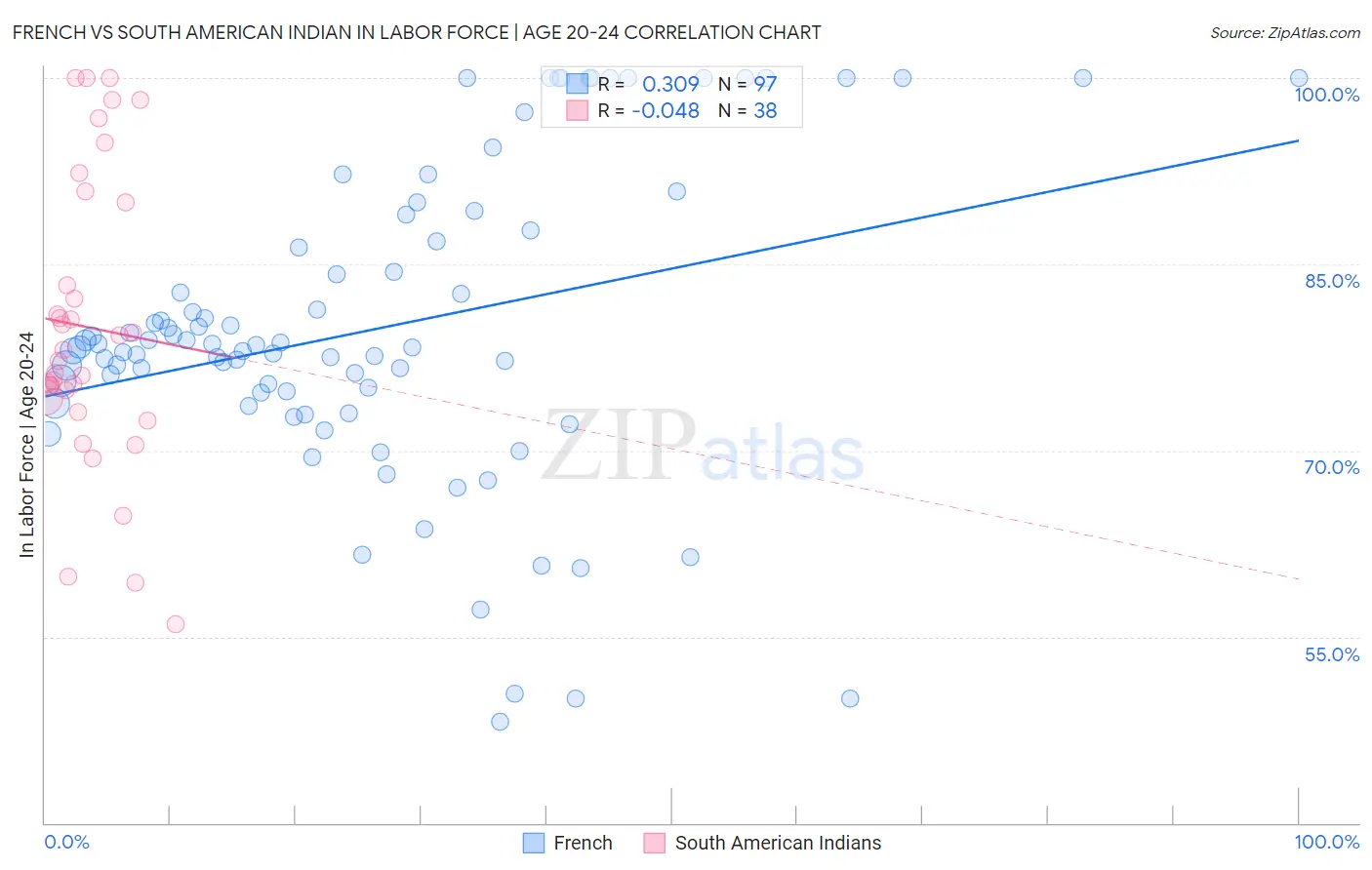 French vs South American Indian In Labor Force | Age 20-24