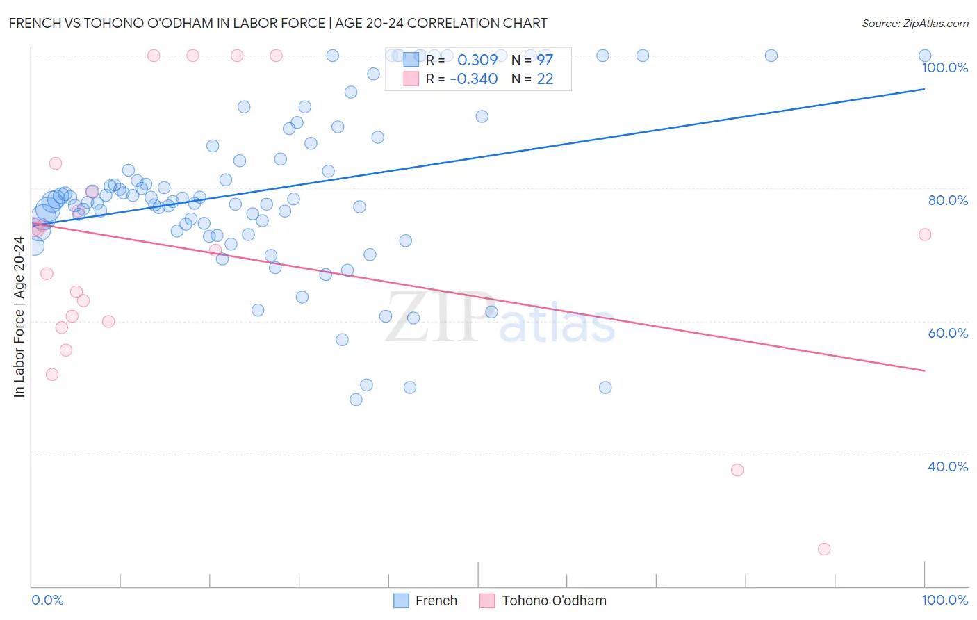 French vs Tohono O'odham In Labor Force | Age 20-24