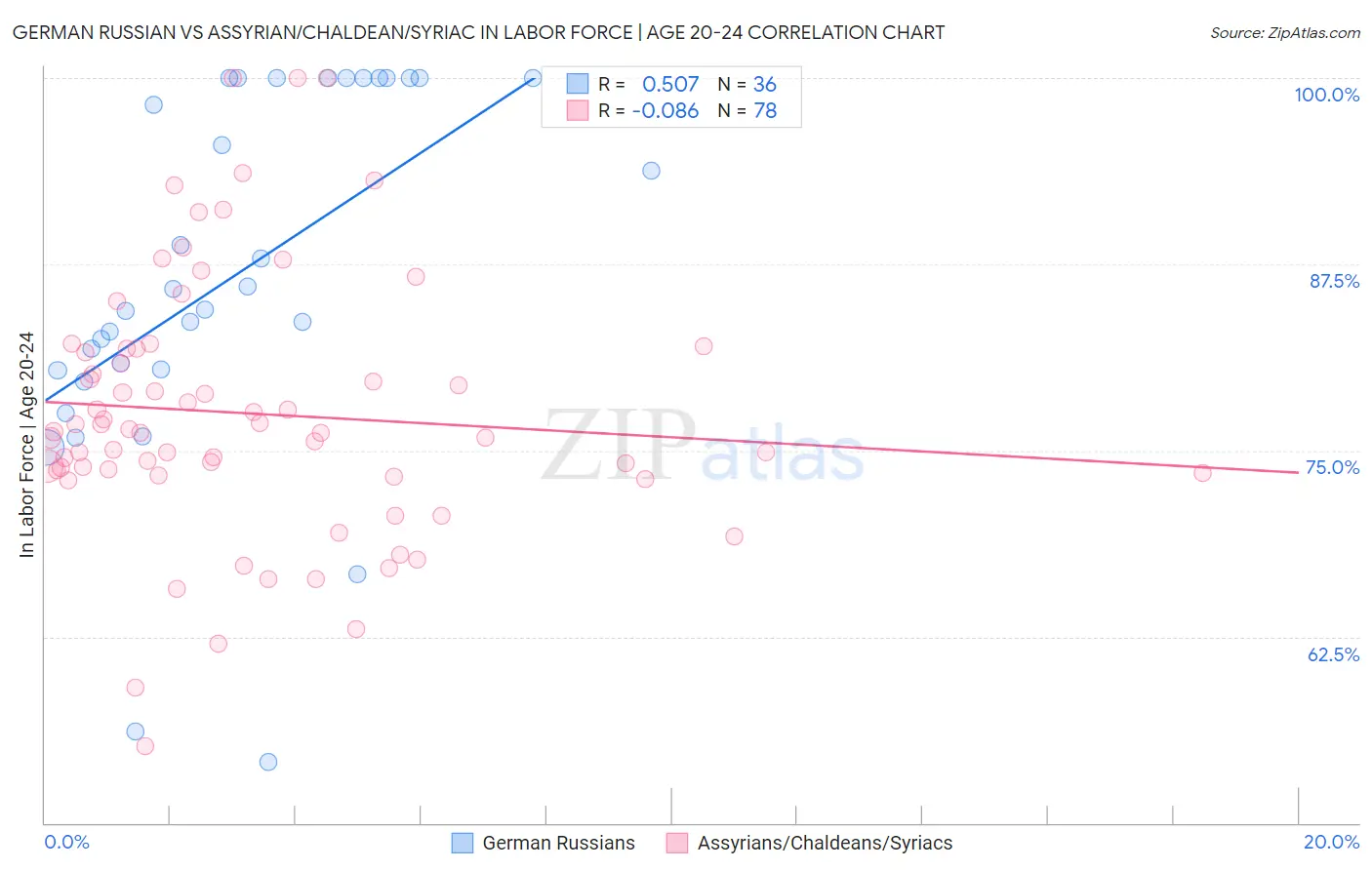 German Russian vs Assyrian/Chaldean/Syriac In Labor Force | Age 20-24