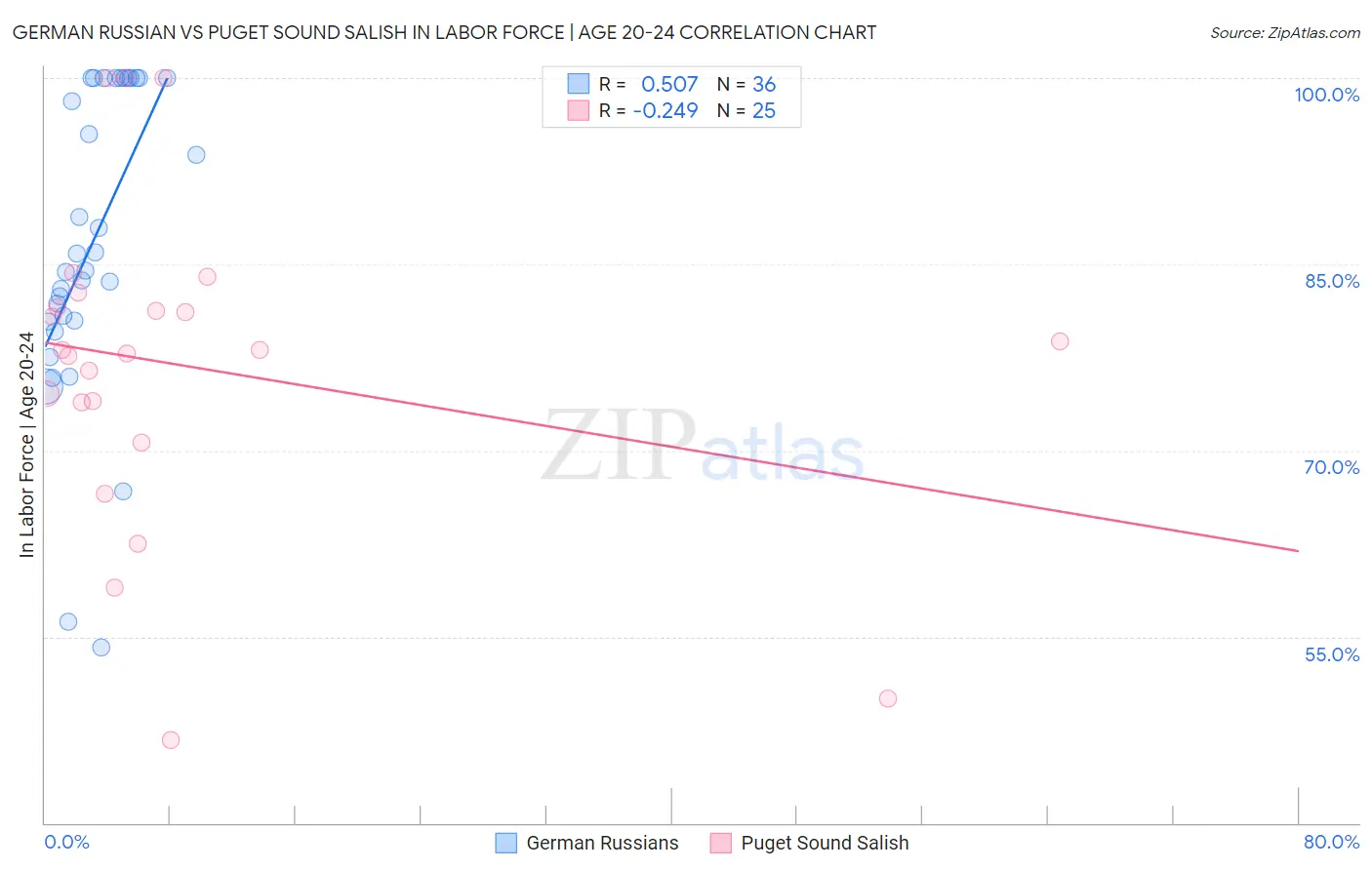 German Russian vs Puget Sound Salish In Labor Force | Age 20-24
