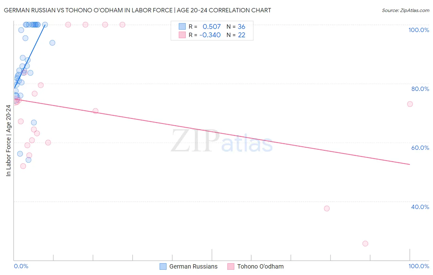 German Russian vs Tohono O'odham In Labor Force | Age 20-24