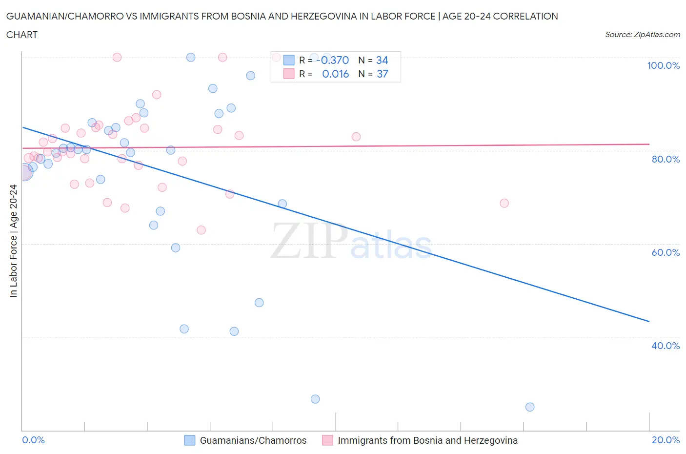 Guamanian/Chamorro vs Immigrants from Bosnia and Herzegovina In Labor Force | Age 20-24