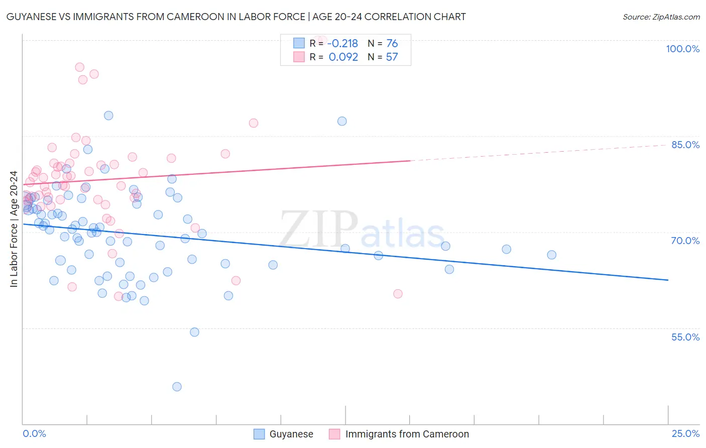 Guyanese vs Immigrants from Cameroon In Labor Force | Age 20-24