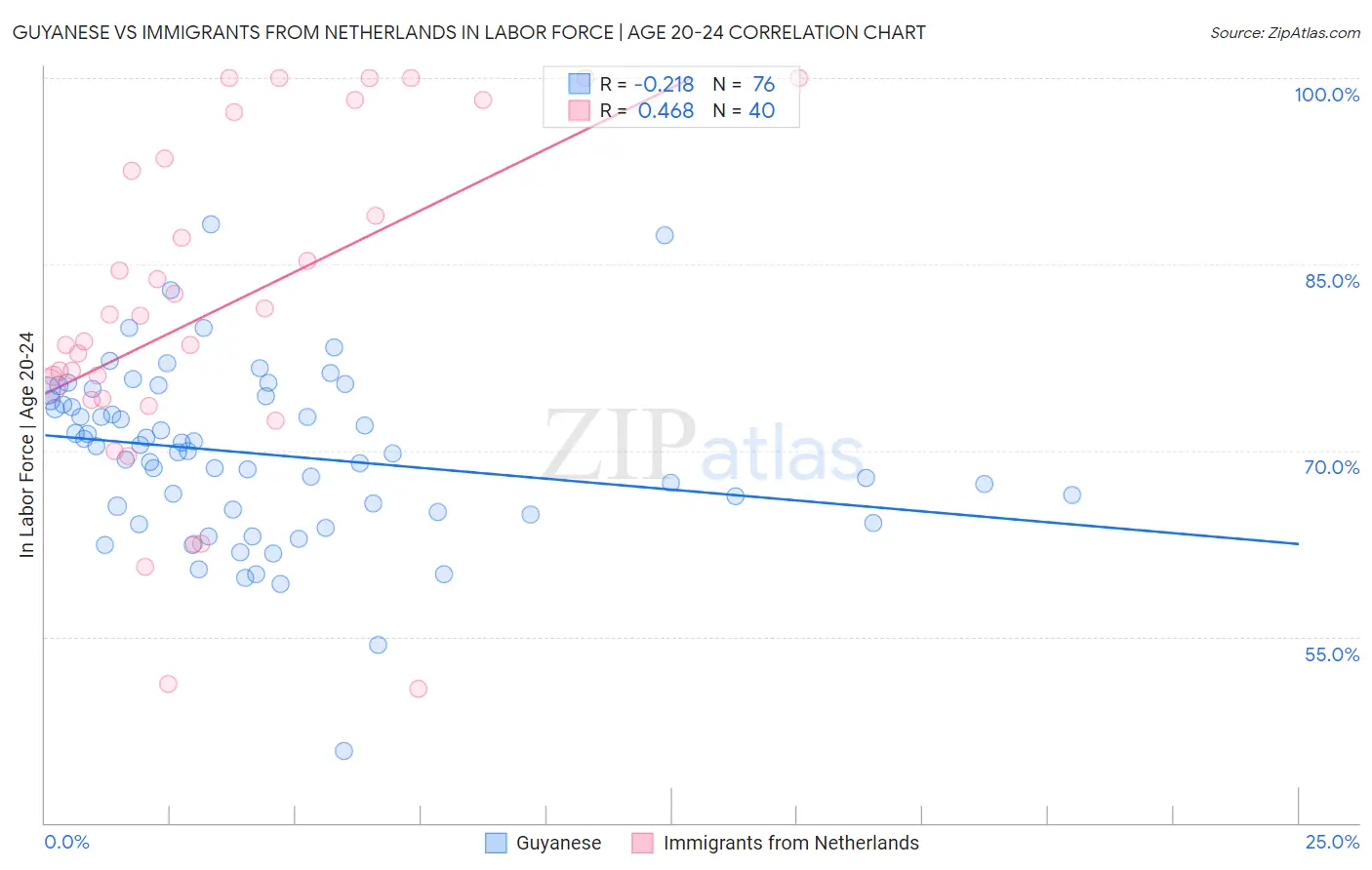 Guyanese vs Immigrants from Netherlands In Labor Force | Age 20-24
