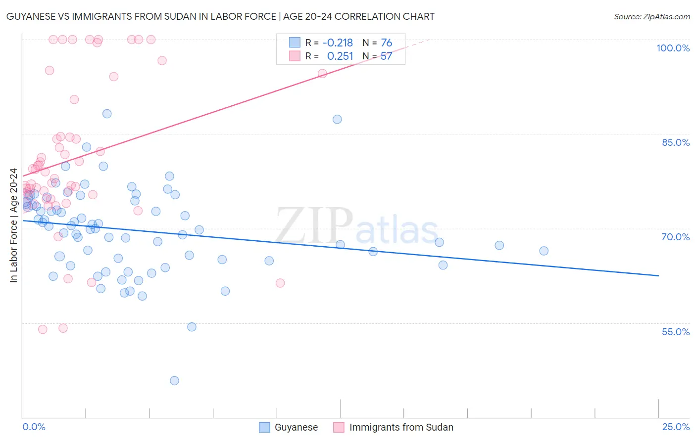 Guyanese vs Immigrants from Sudan In Labor Force | Age 20-24