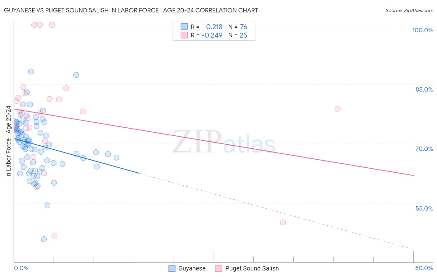 Guyanese vs Puget Sound Salish In Labor Force | Age 20-24