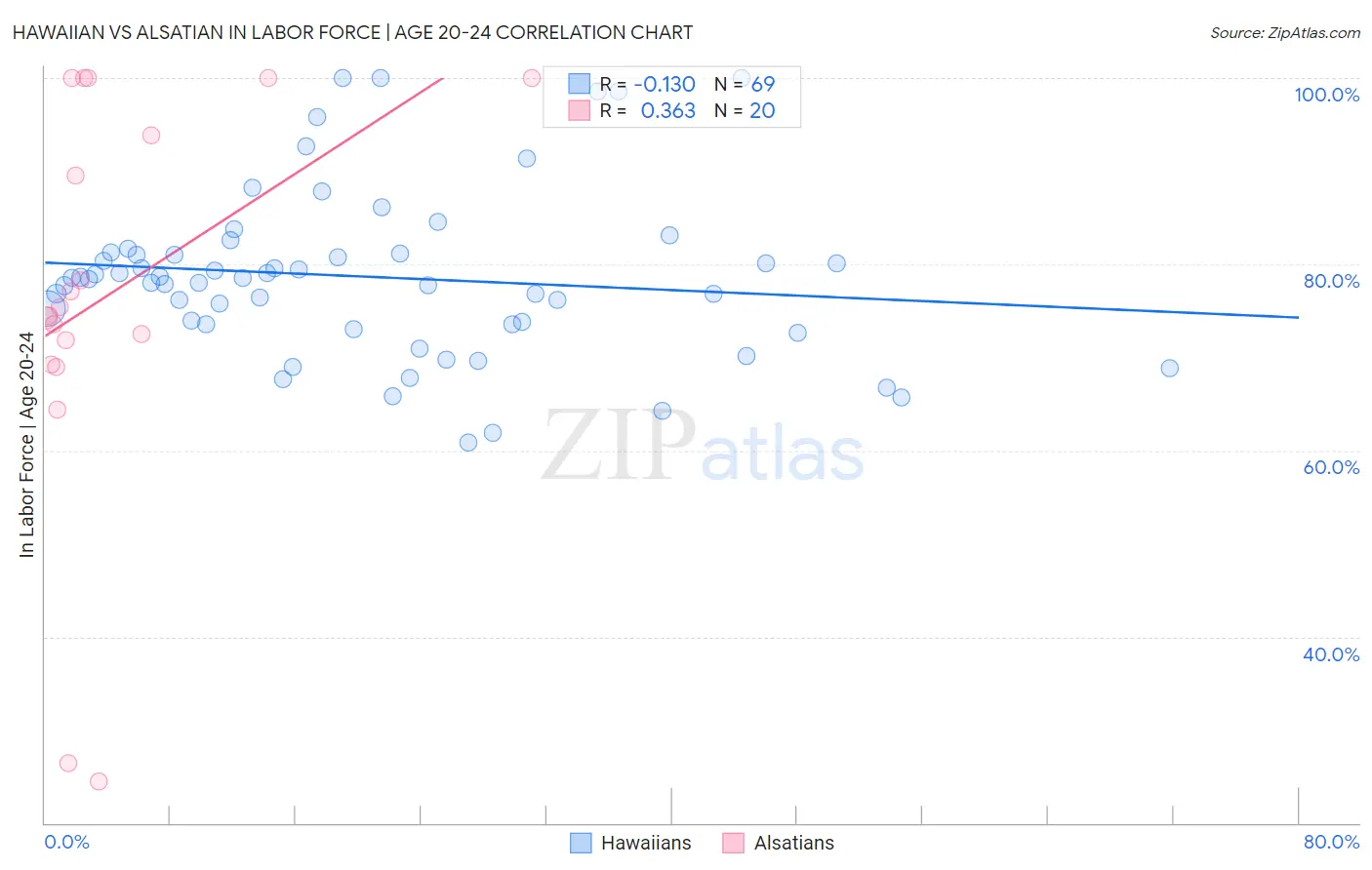 Hawaiian vs Alsatian In Labor Force | Age 20-24