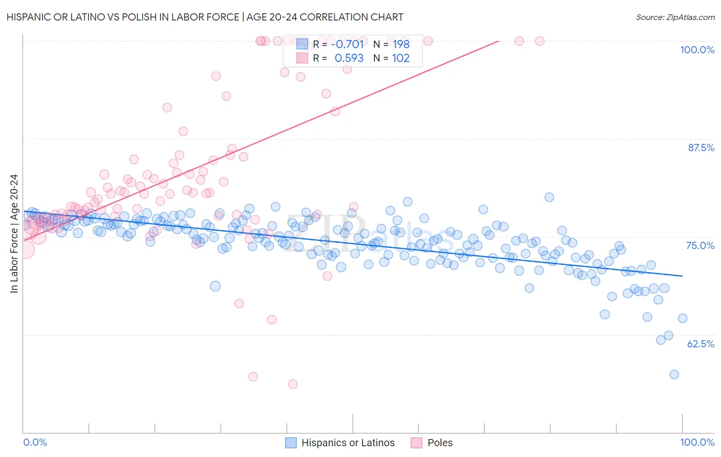 Hispanic or Latino vs Polish In Labor Force | Age 20-24