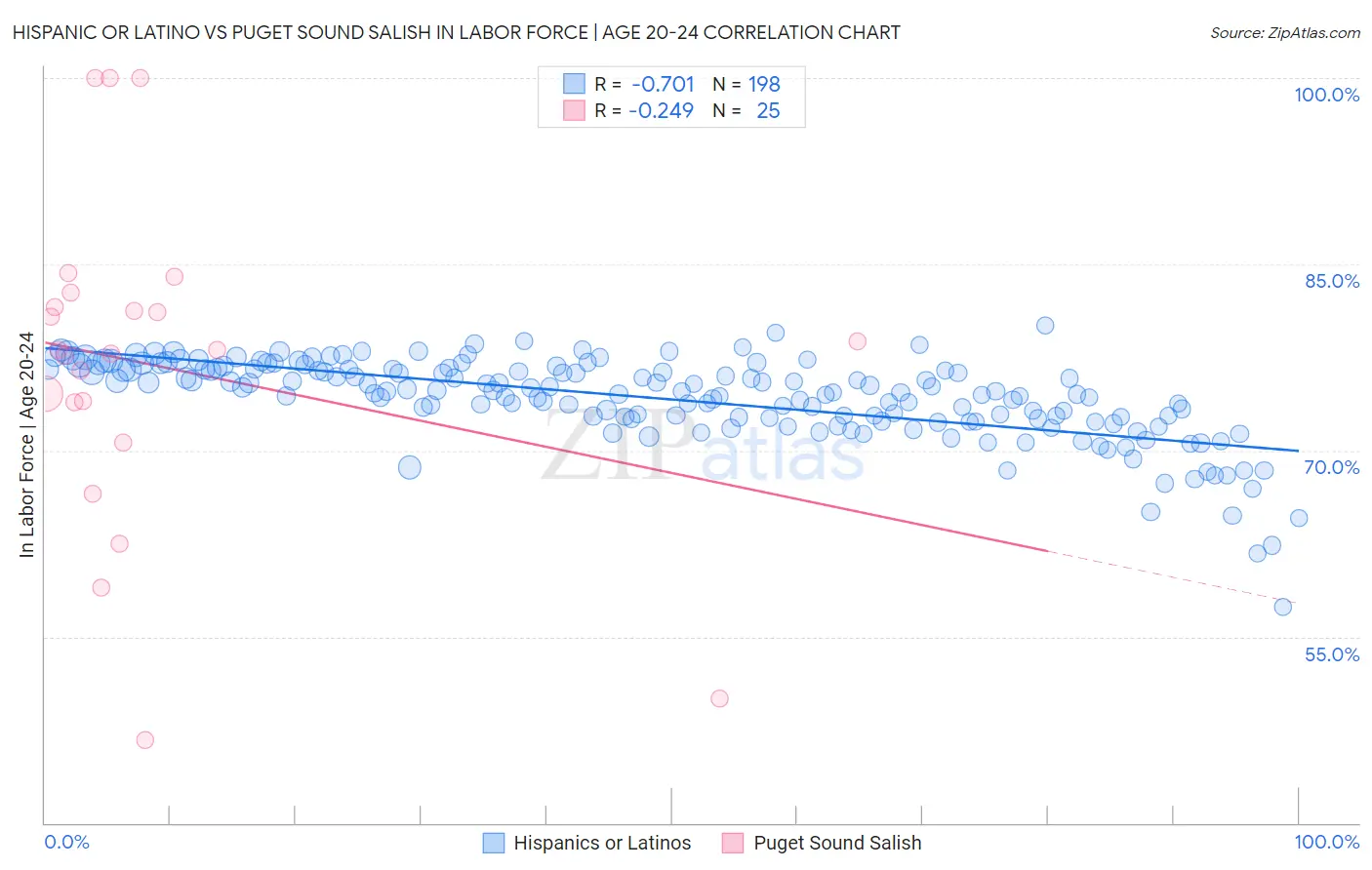 Hispanic or Latino vs Puget Sound Salish In Labor Force | Age 20-24