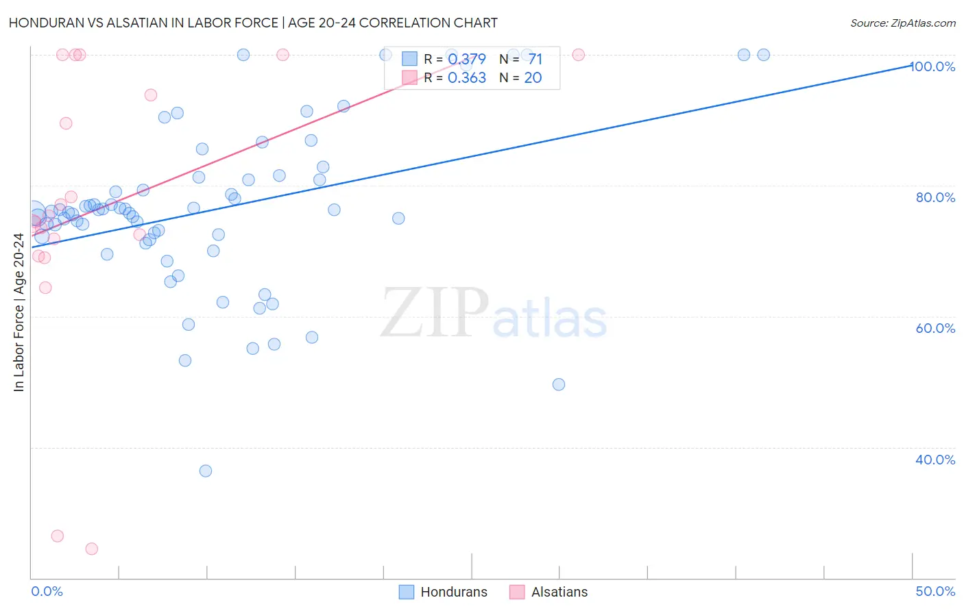 Honduran vs Alsatian In Labor Force | Age 20-24