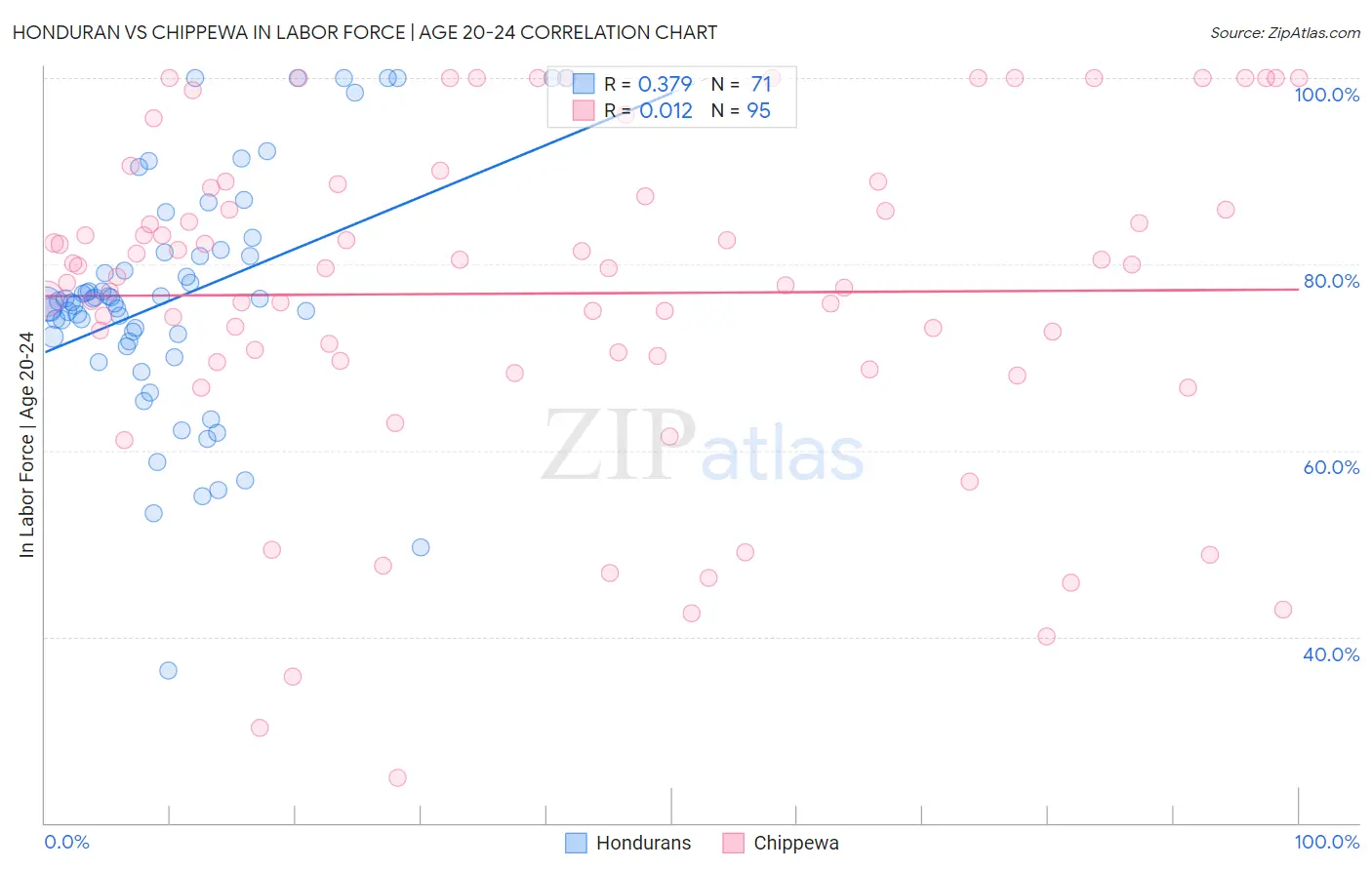 Honduran vs Chippewa In Labor Force | Age 20-24