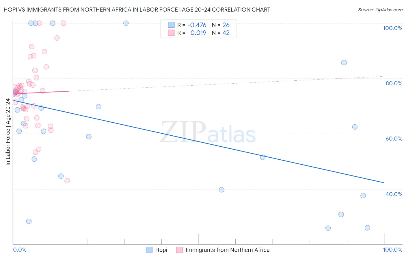 Hopi vs Immigrants from Northern Africa In Labor Force | Age 20-24