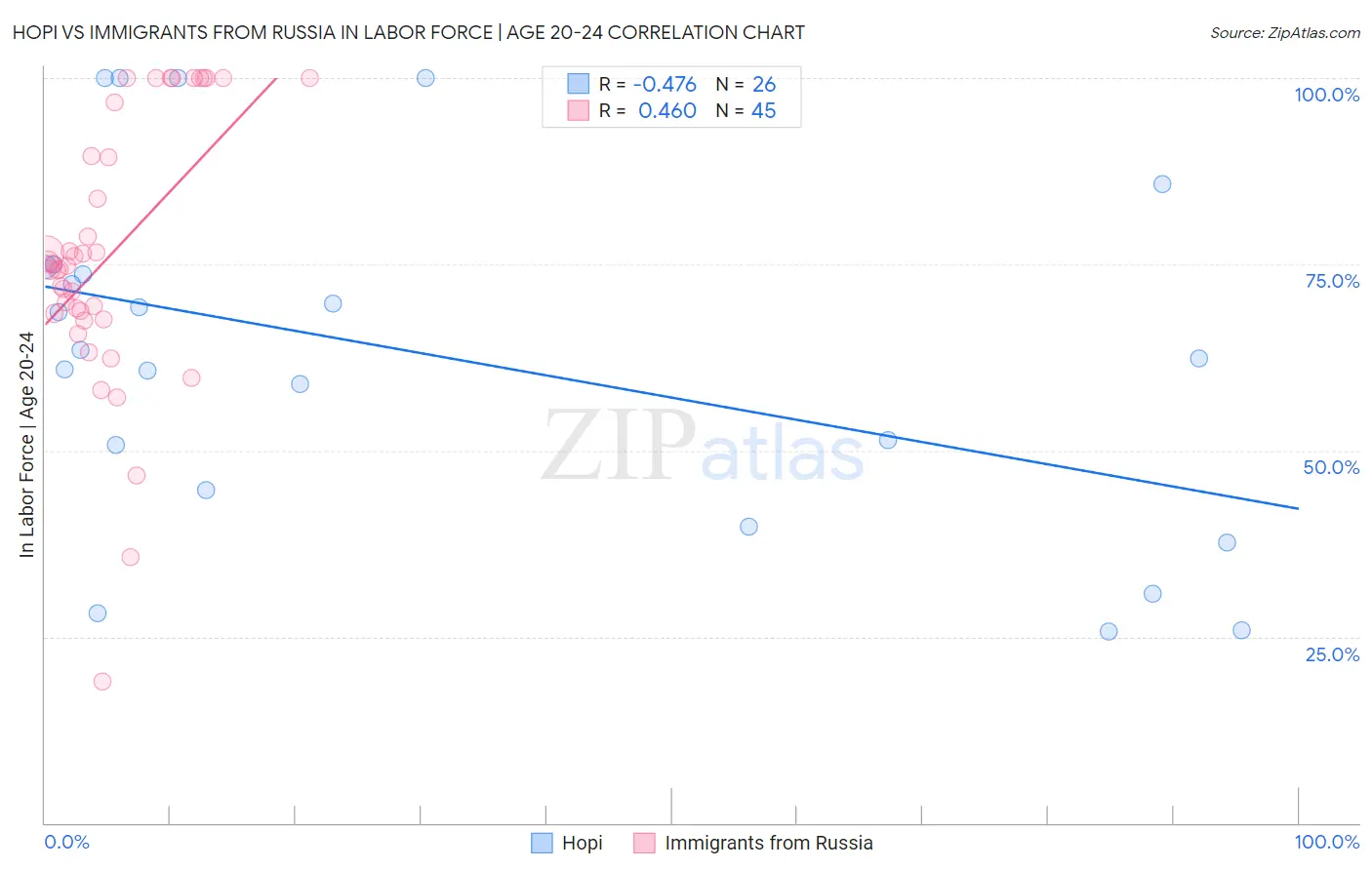 Hopi vs Immigrants from Russia In Labor Force | Age 20-24