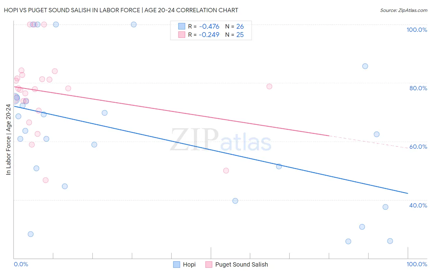Hopi vs Puget Sound Salish In Labor Force | Age 20-24