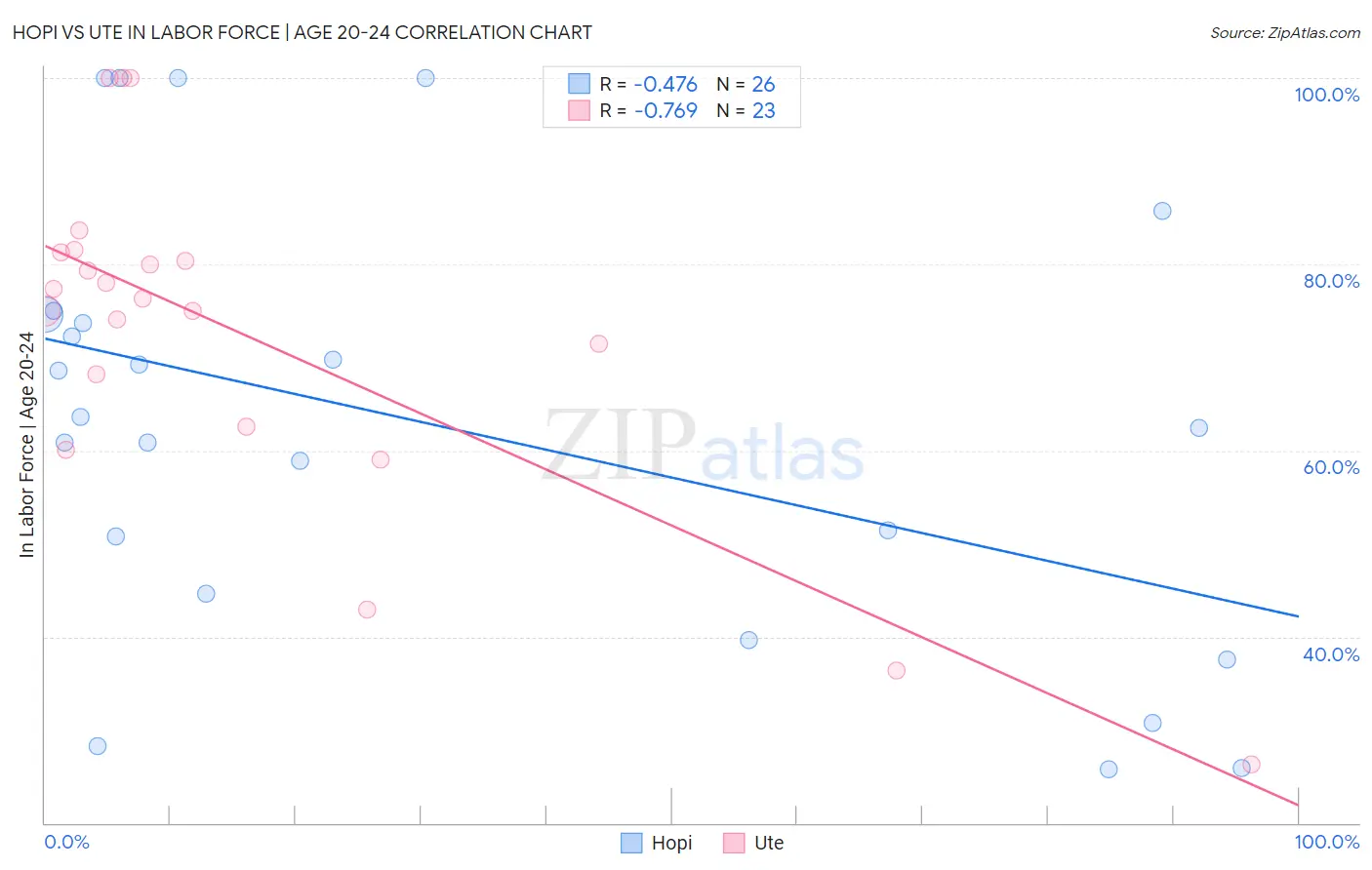 Hopi vs Ute In Labor Force | Age 20-24