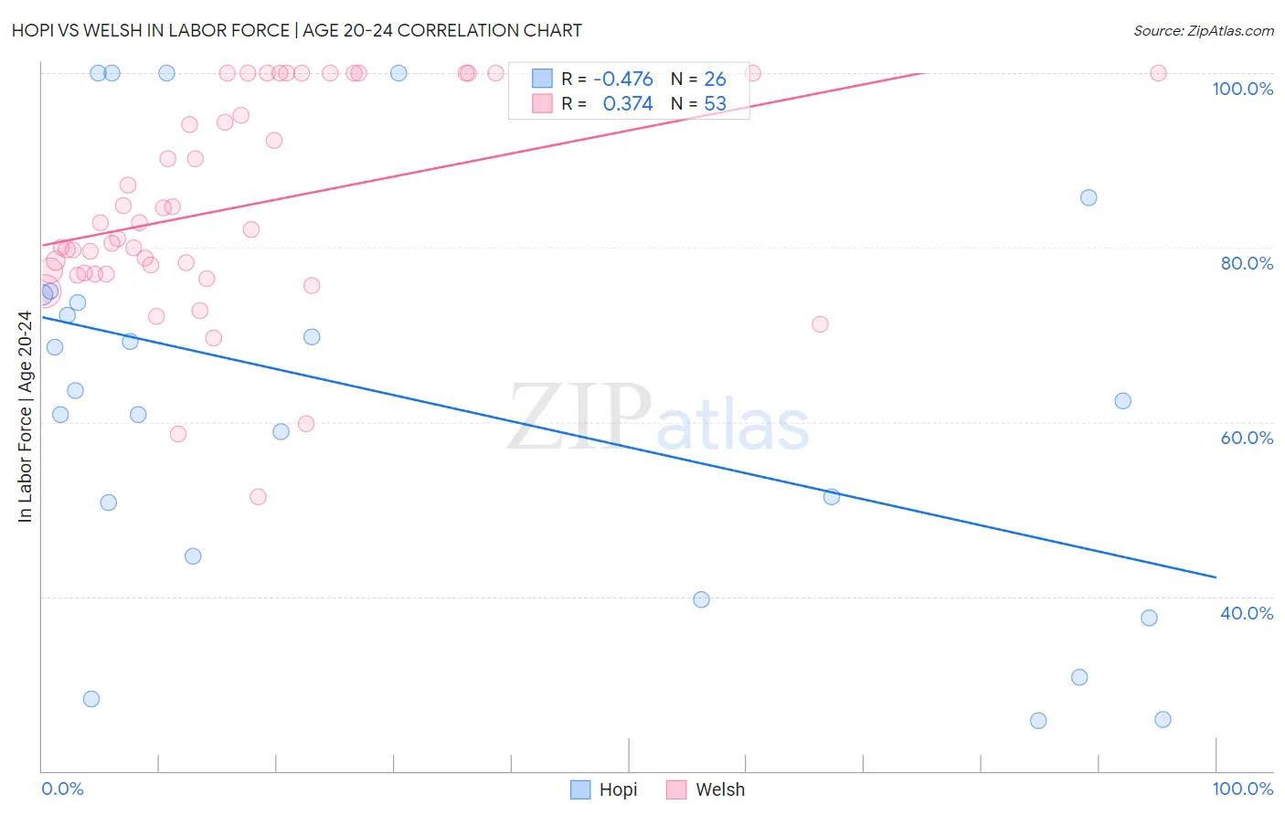 Hopi vs Welsh In Labor Force | Age 20-24