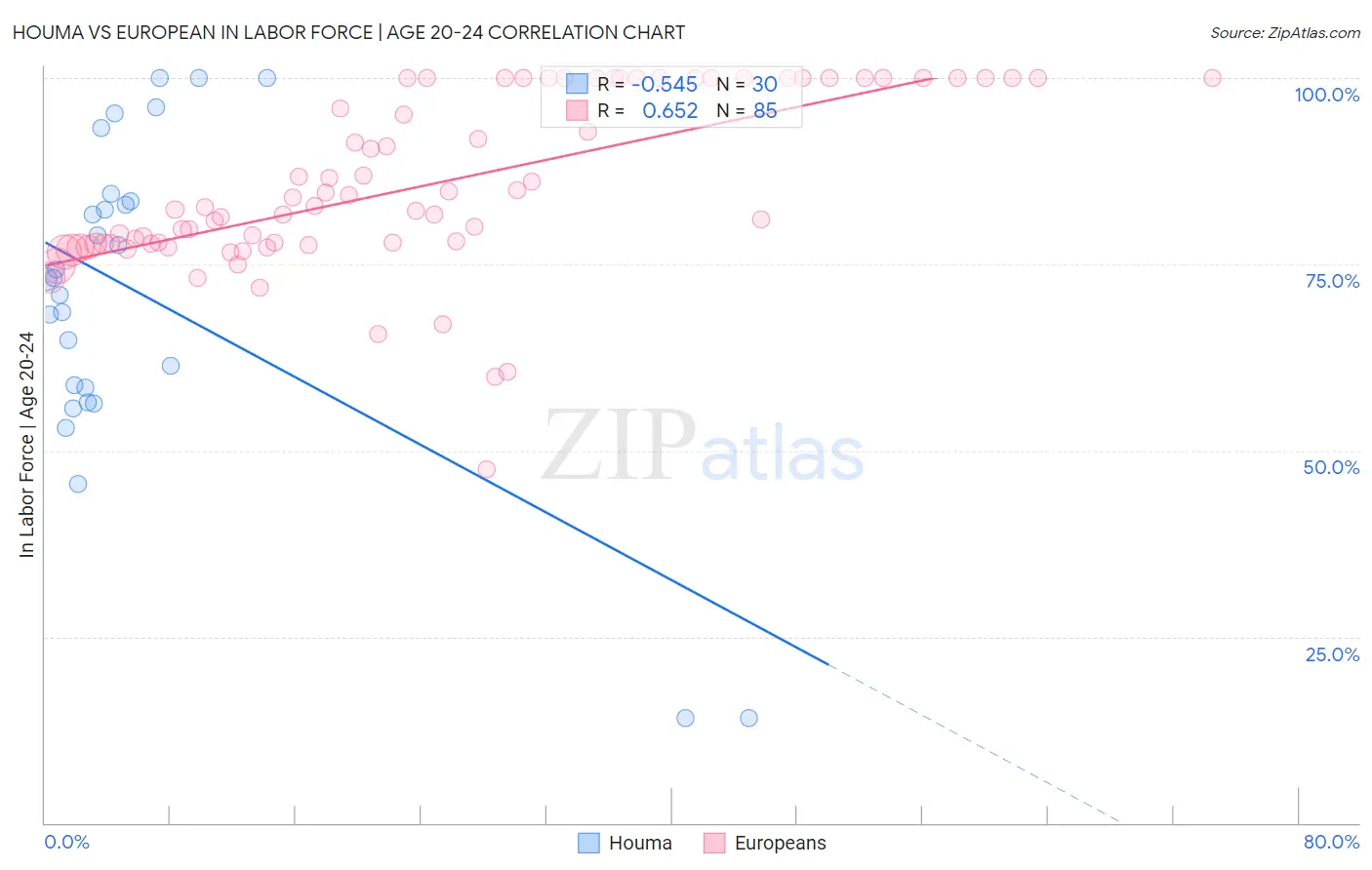 Houma vs European In Labor Force | Age 20-24