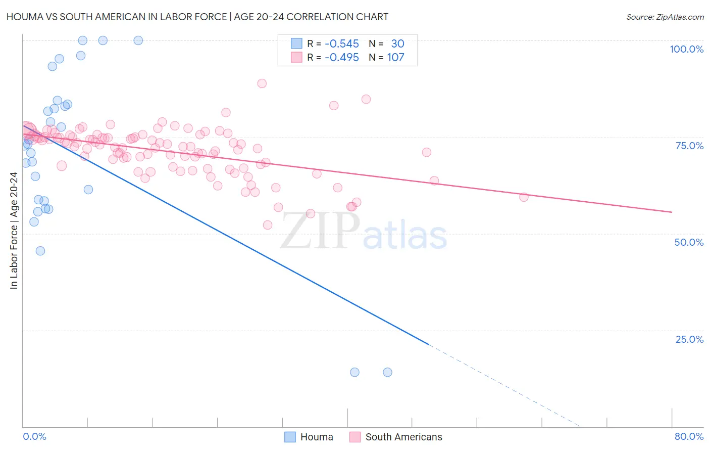 Houma vs South American In Labor Force | Age 20-24