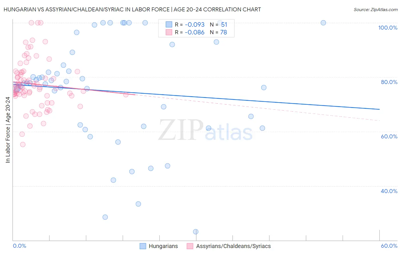 Hungarian vs Assyrian/Chaldean/Syriac In Labor Force | Age 20-24