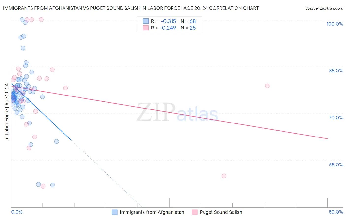 Immigrants from Afghanistan vs Puget Sound Salish In Labor Force | Age 20-24
