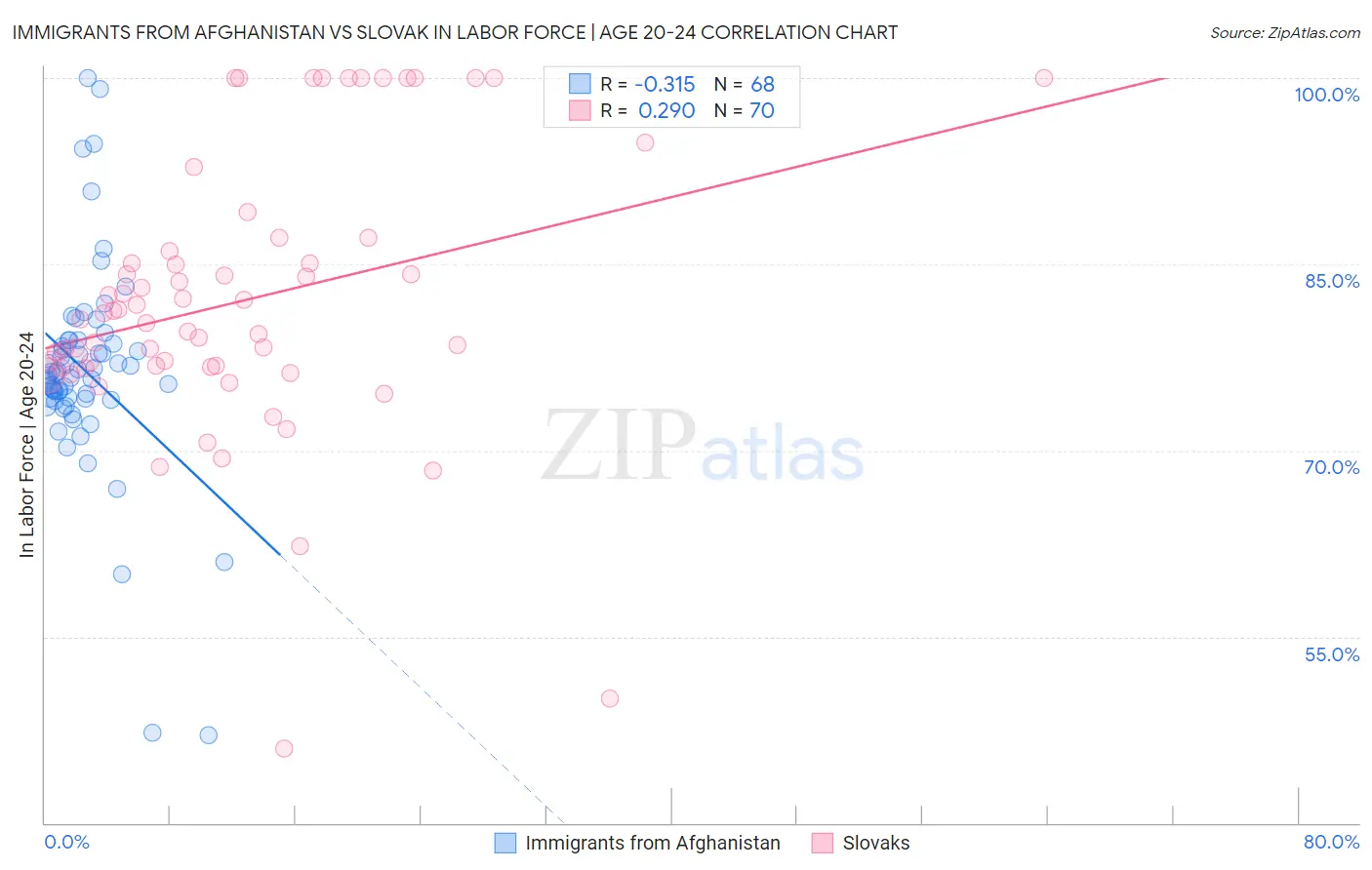 Immigrants from Afghanistan vs Slovak In Labor Force | Age 20-24