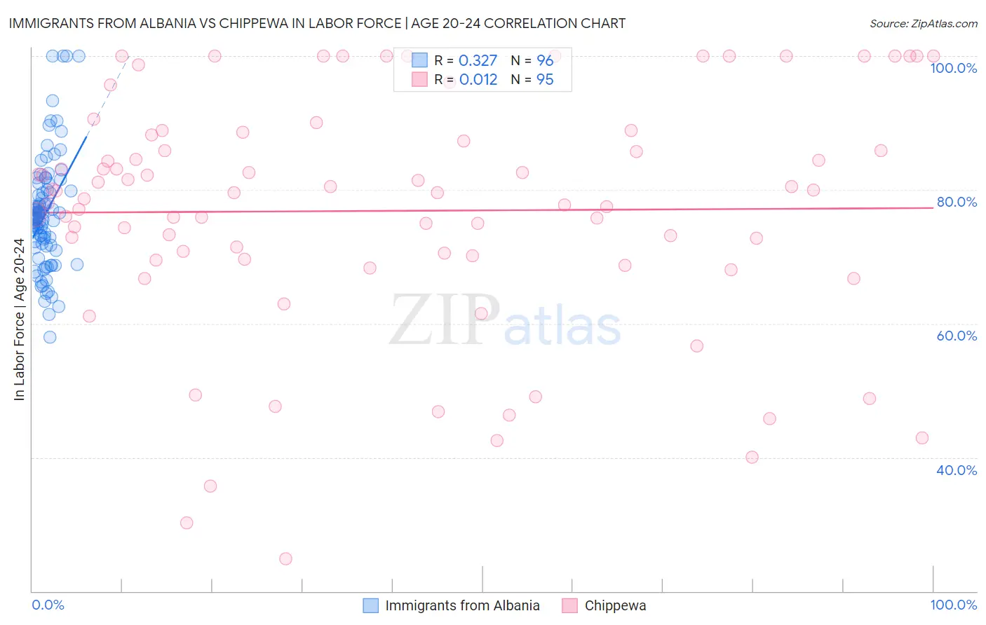 Immigrants from Albania vs Chippewa In Labor Force | Age 20-24