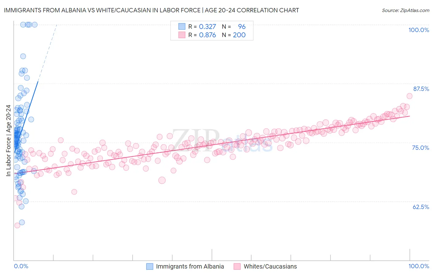 Immigrants from Albania vs White/Caucasian In Labor Force | Age 20-24