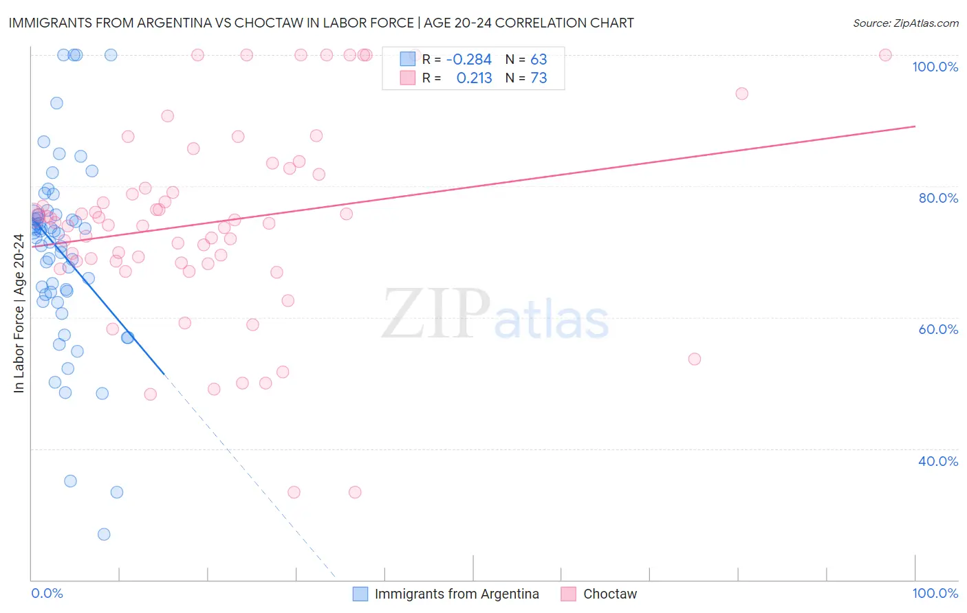 Immigrants from Argentina vs Choctaw In Labor Force | Age 20-24