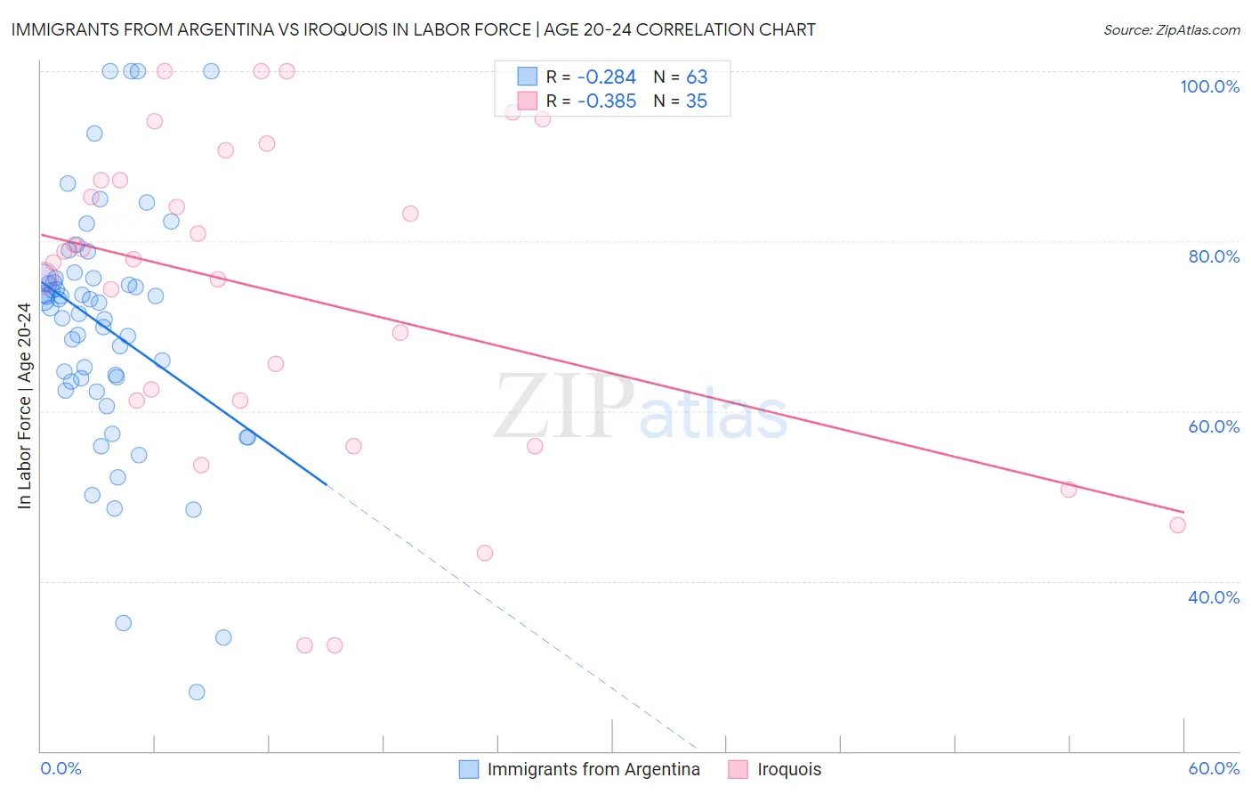 Immigrants from Argentina vs Iroquois In Labor Force | Age 20-24