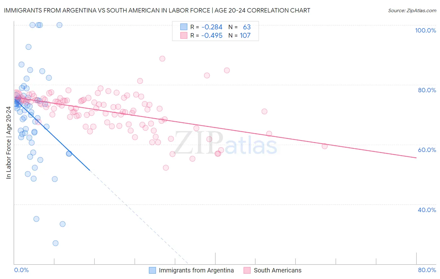 Immigrants from Argentina vs South American In Labor Force | Age 20-24