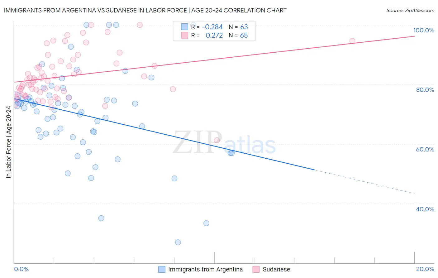 Immigrants from Argentina vs Sudanese In Labor Force | Age 20-24