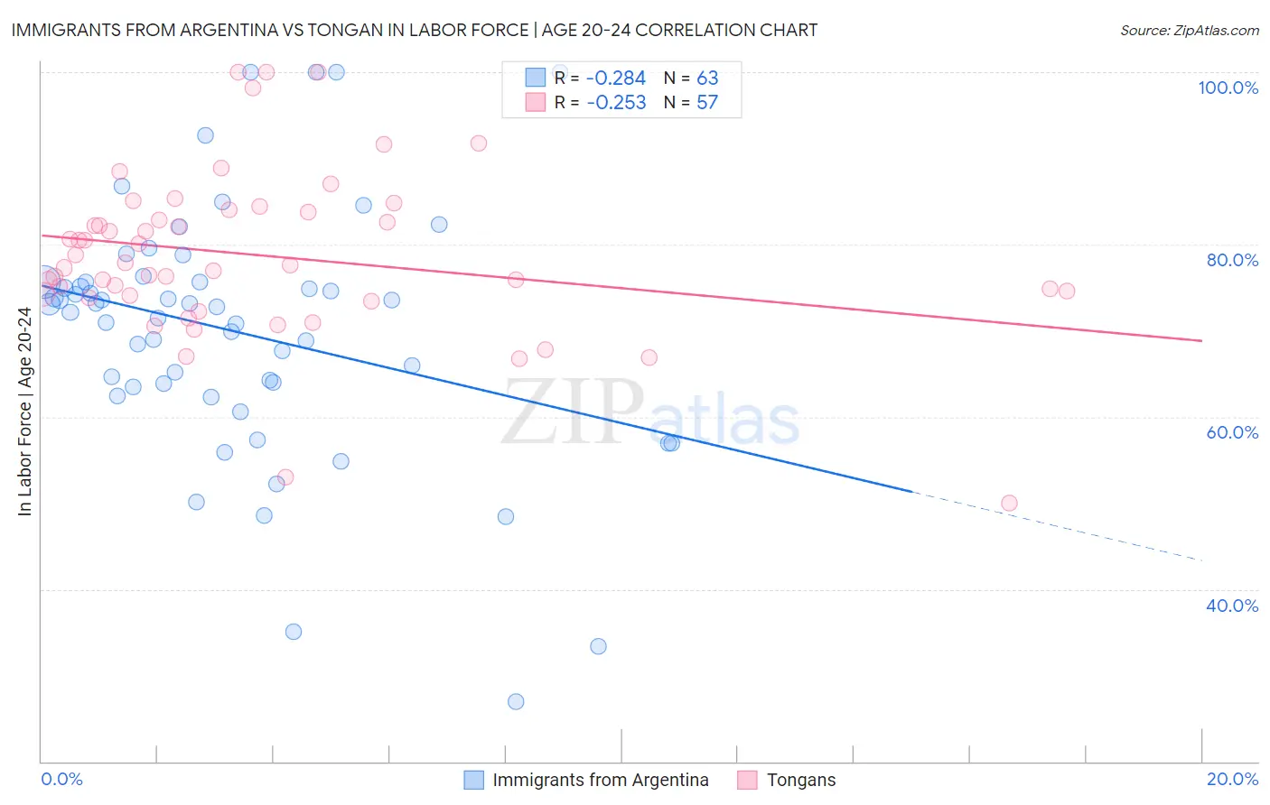 Immigrants from Argentina vs Tongan In Labor Force | Age 20-24