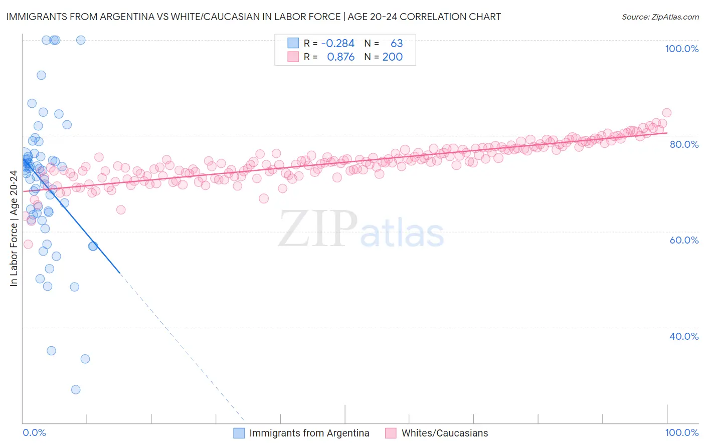 Immigrants from Argentina vs White/Caucasian In Labor Force | Age 20-24