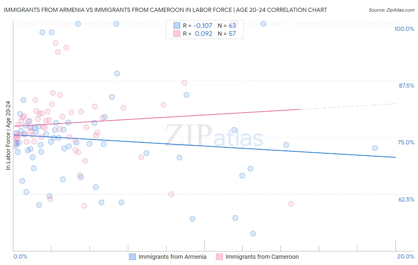Immigrants from Armenia vs Immigrants from Cameroon In Labor Force | Age 20-24