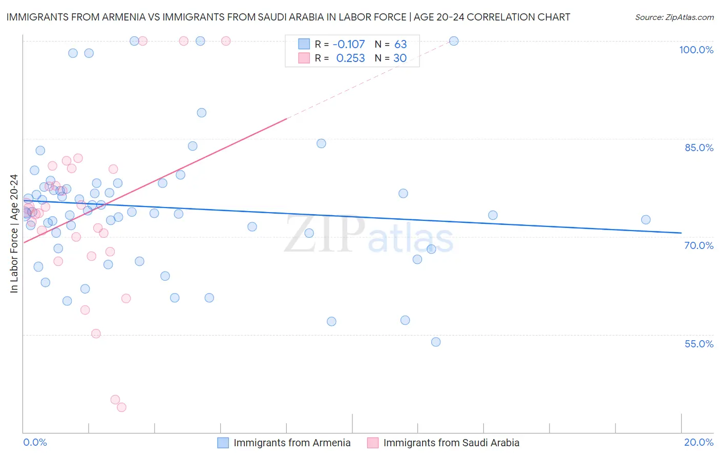 Immigrants from Armenia vs Immigrants from Saudi Arabia In Labor Force | Age 20-24