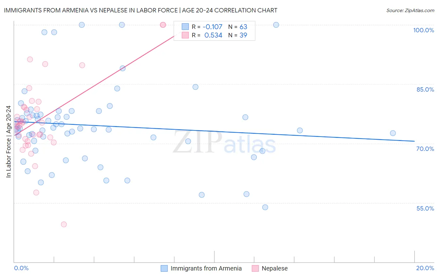 Immigrants from Armenia vs Nepalese In Labor Force | Age 20-24