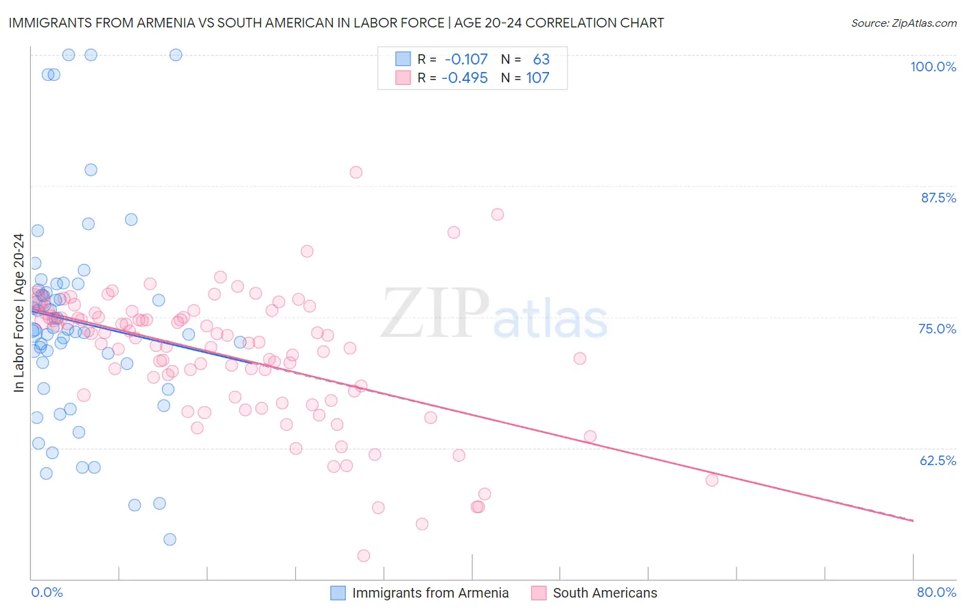 Immigrants from Armenia vs South American In Labor Force | Age 20-24